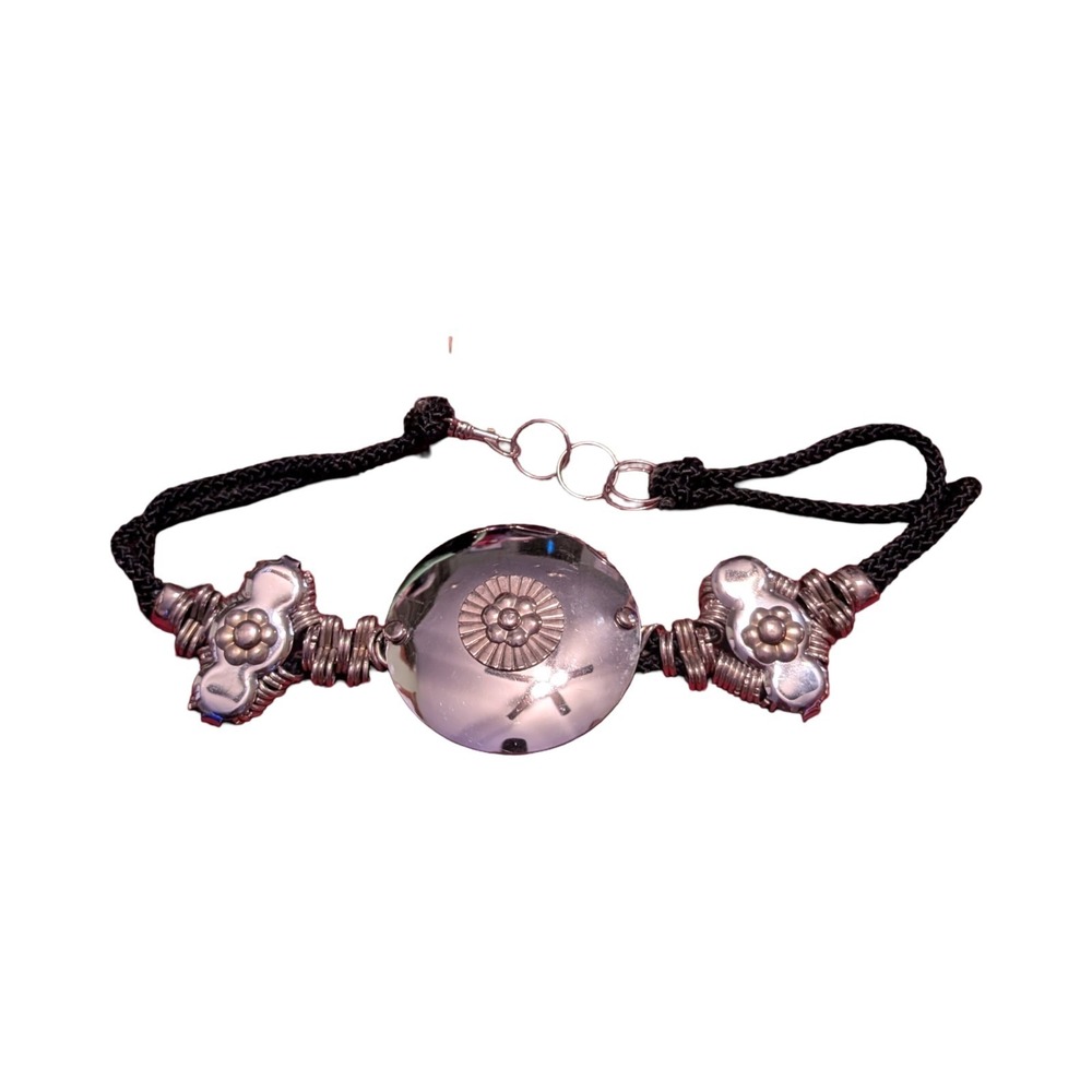 Vintage 80s‎ Black Braided Rope Belt Silver Disc Flower Bead Hardware Boho 27"
